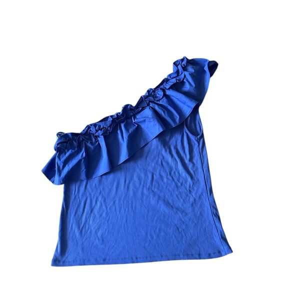 Boston Proper Blue Poplin Ruffle One Shoulder Ribbed Top Size XL - Picture 3 of 4